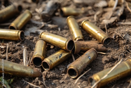 Many empty shell casings lying on the ground.