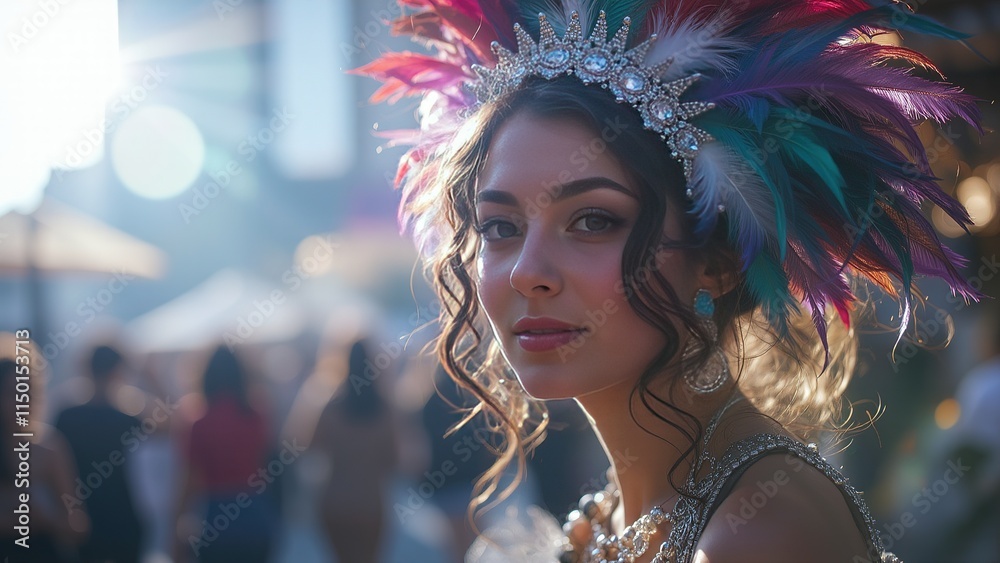Obraz premium Woman in colorful feather headdress at outdoor festival.