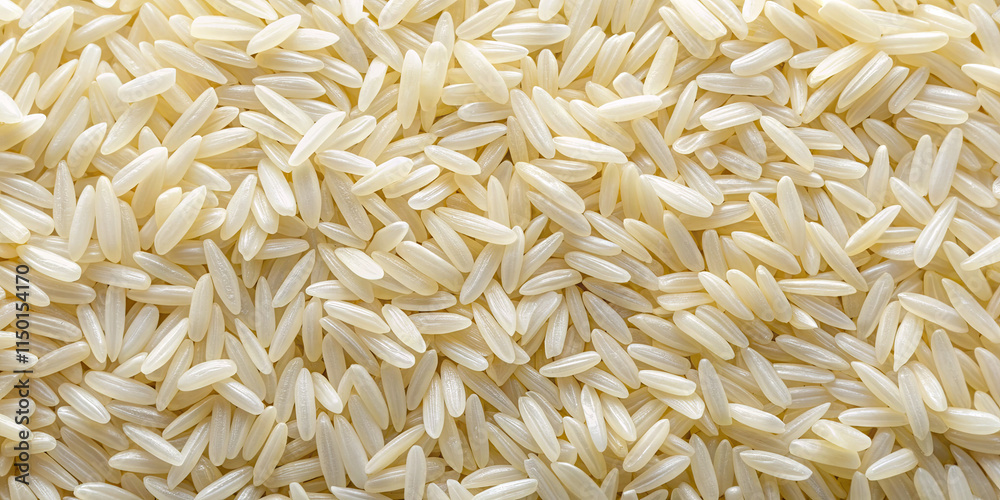 A close view of numerous white rice grains scattered on a flat surface, reflecting natural light and emphasizing their smooth texture and elongated shape