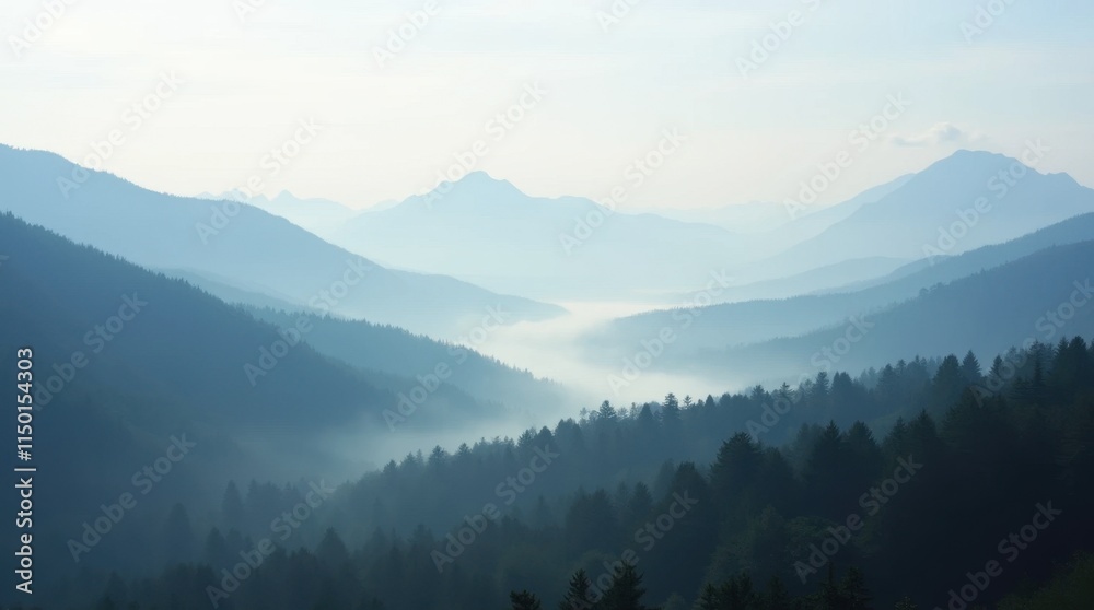 Obraz premium Fog-Covered Valley with Mountain Peaks