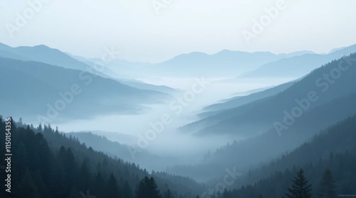 Panoramic Fog-Covered Valley with Mountain Peaks