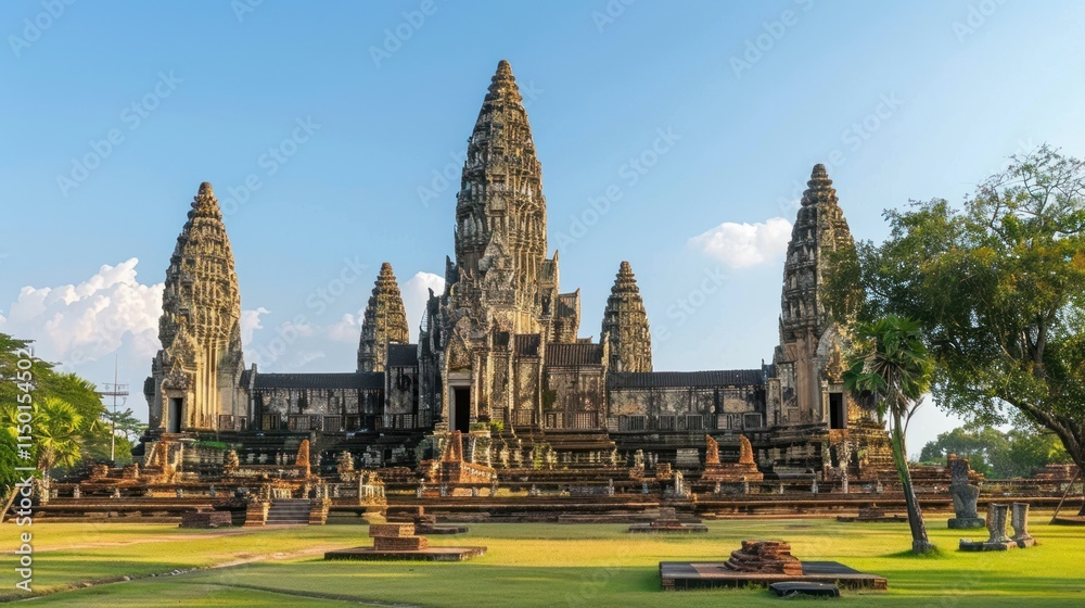 Naklejka premium An iconic Wat in Thailand, with detailed murals and ceremonial structures, a true cultural masterpiece,