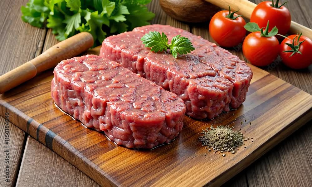 Fresh Raw Beef Steaks on Wooden Board with Herbs, Tomatoes, and Spices - Perfect for Grilling or Pan-Seared Meals Fresh Raw Beef Steaks on Wooden Board with Herbs, Tomatoes, and Spices - Perfect for Grilling or Pan-Seared Meals