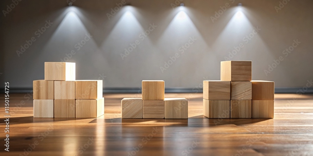 Three wooden block structures arranged on a polished wood floor, illuminated by soft spotlights against a neutral backdrop Three wooden block structures arranged on a polished wood floor, illuminated by soft spotlights against a neutral backdrop
