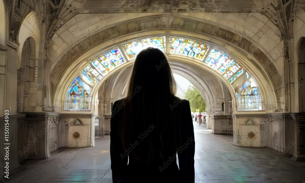 A silhouette of a woman standing in a hall illuminated by vibrant stained glass windows. A silhouette of a woman standing in a hall illuminated by vibrant stained glass windows.