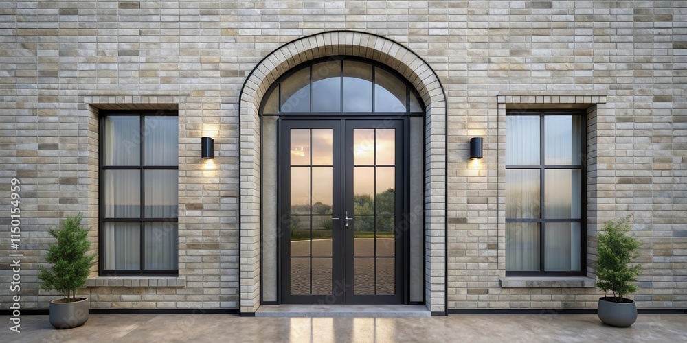 Elegant arched entryway with modern double doors and flanking windows, set against a textured brick wall, illuminated by stylish wall sconces and complemented by potted plants Elegant arched entryway with modern double doors and flanking windows, set against a textured brick wall, illuminated by stylish wall sconces and complemented by potted plants