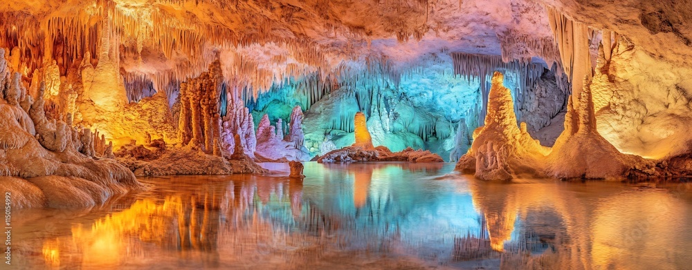 Captivating Subterranean Landscape with Colorful Illumination in Mysterious Cave Captivating Subterranean Landscape with Colorful Illumination in Mysterious Cave