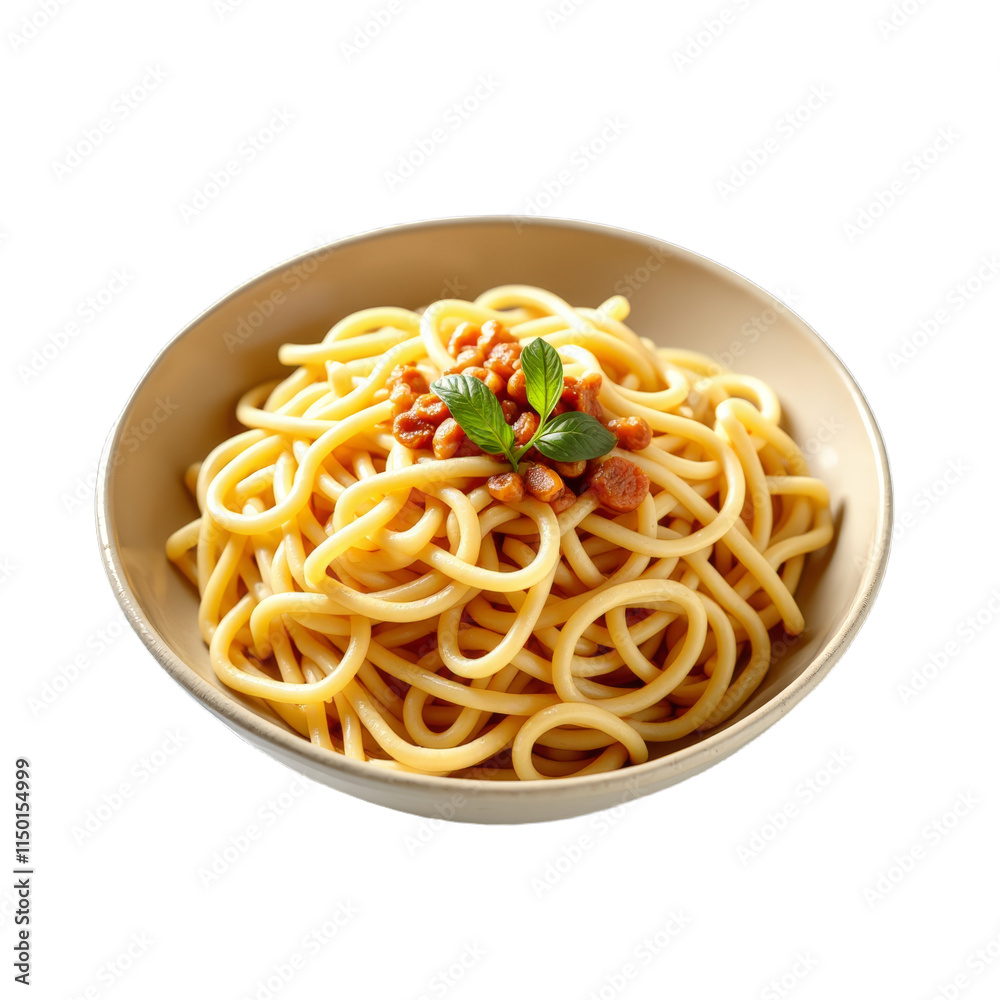 Bowl of yellow pasta with tomato sauce and basil leaf Bowl of yellow pasta with tomato sauce and basil leaf