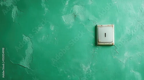 This image depicts an aged green wall with a weathered vintage light switch prominently displayed, evoking a sense of nostalgia and the passage of time. photo