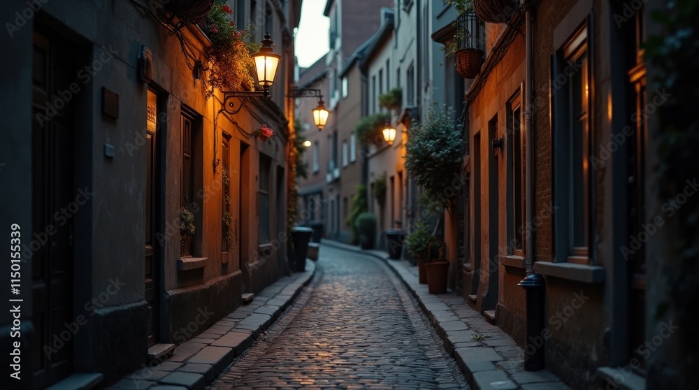 Fototapeta premium Glowing Vintage Street Lamp in a Quiet Cobblestone Alley at Dusk