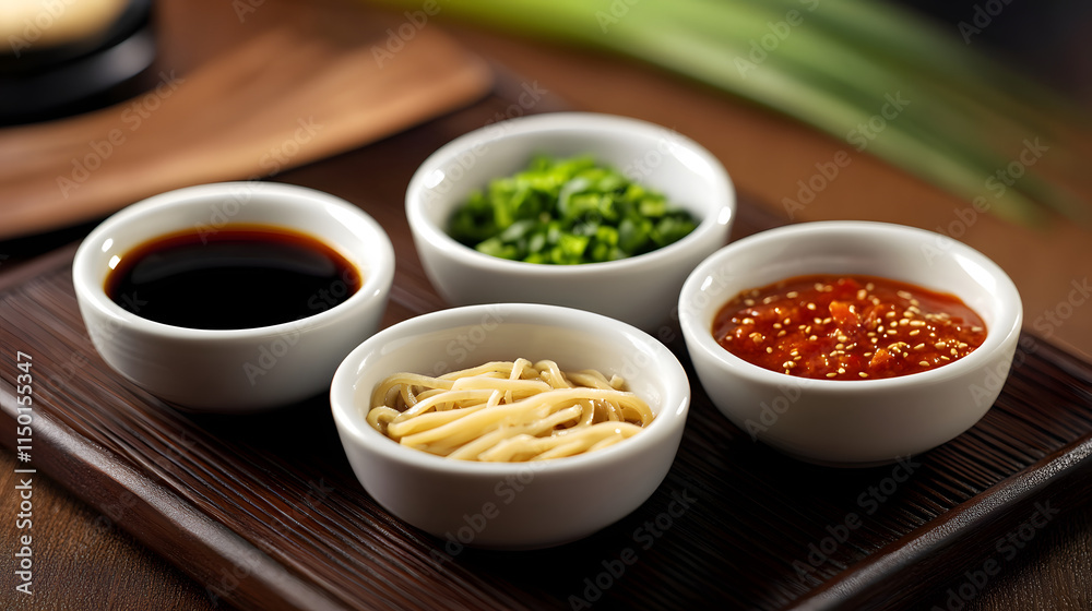 An open round ramen package served with a side of soy sauce sesame oil and chili paste in small ceramic bowls. An open round ramen package served with a side of soy sauce sesame oil and chili paste in small ceramic bowls.