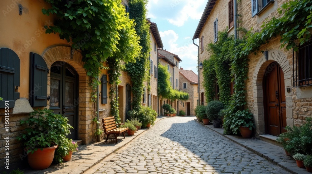 Obraz premium Quiet Cobblestone Street in Ancient European Village