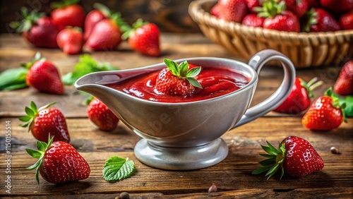 Panoramic Image: Rustic Ceramic Gravy Boat Filled with Vibrant Strawberry Sauce photo