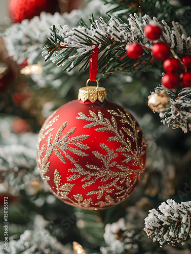 Red Christmas bauble hanging on pine branches. Closeup view of beautiful Christmas ornament ball and Christmas tree. Christmass card background. AI-generated