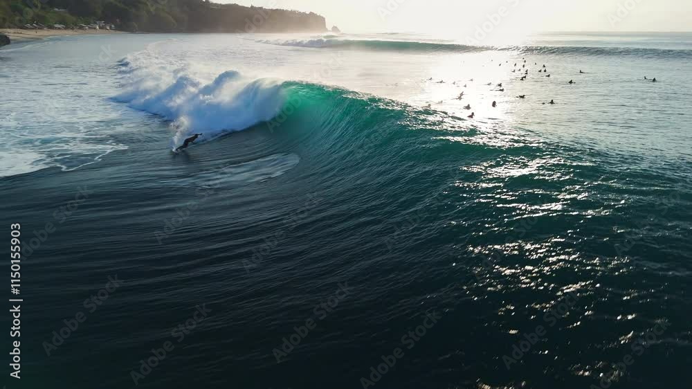 Surfers on surfboard riding on perfect barrel wave. Surfing on perfect ocean waves.