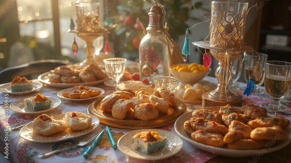 Festive table with traditional pastries and drinks at sunset. Festive table with traditional pastries and drinks at sunset.