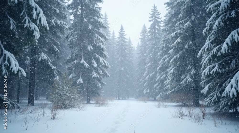 Naklejka premium Serene Snowfall in a Pine Forest