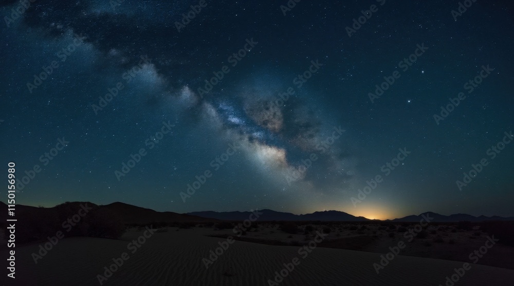 Fototapeta premium Starry Night Sky over a Quiet Desert with Milky Way