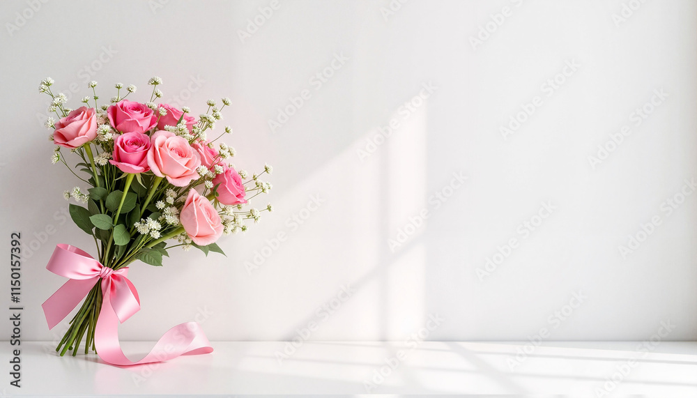 Elegant bouquet of pink roses with ribbon on a white background for special occasions Elegant bouquet of pink roses with ribbon on a white background for special occasions