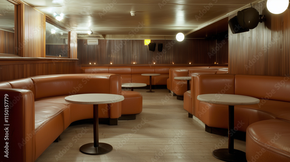 Fototapeta premium Retro Lounge Ambiance: A vintage-inspired lounge with plush leather booths, round tables, and warm lighting creates a cozy and inviting atmosphere. Perfect for cocktail parties, social gatherings.
