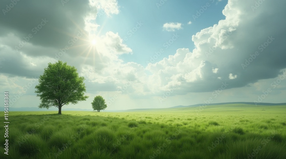Lone Trees on a Vast Grassy Plain Under Dramatic Clouds Lone Trees on a Vast Grassy Plain Under Dramatic Clouds