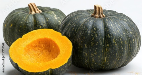Two whole and one halved dark green pumpkins with vibrant orange flesh.