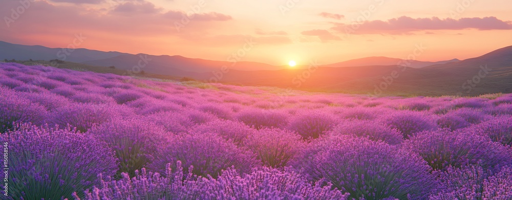 Lavender Field Sunset Scenic Landscape with Mountains in Background Lavender Field Sunset Scenic Landscape with Mountains in Background