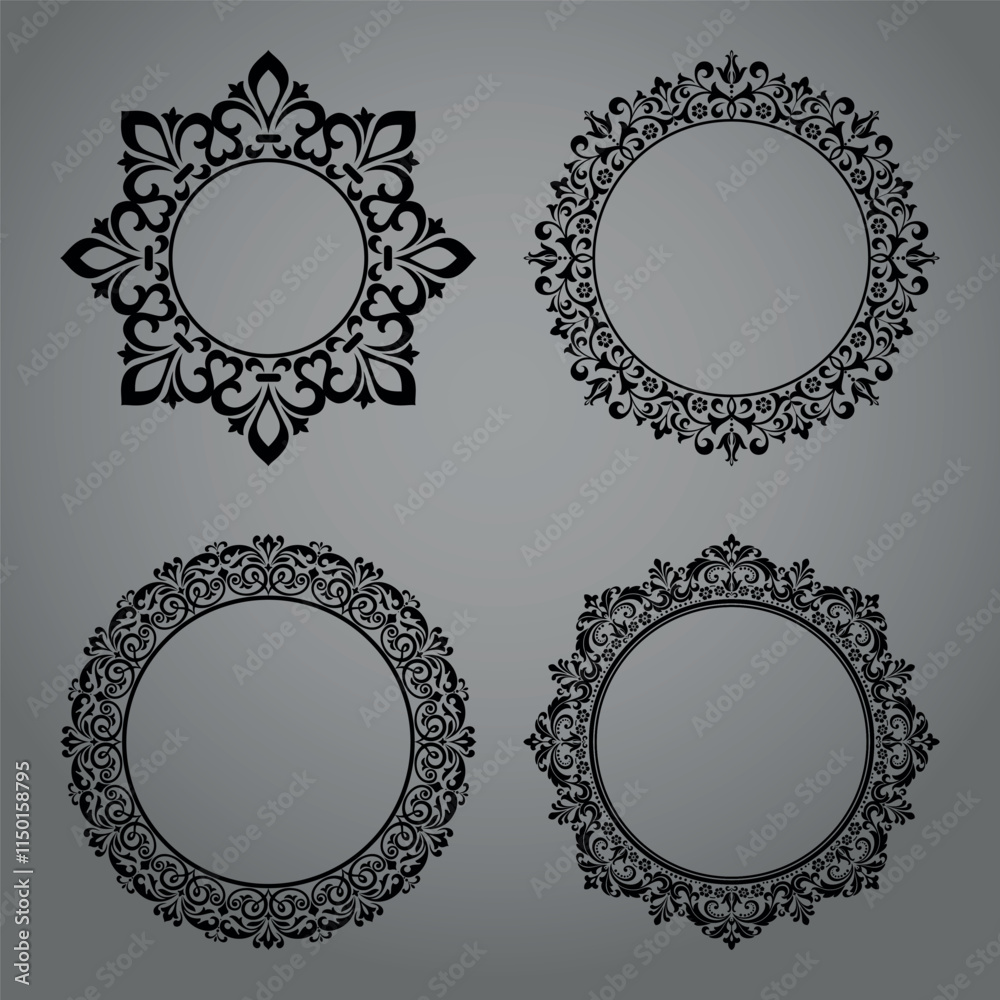 Set of decorative frames Elegant vector element for design in Eastern style, place for text. Floral black and gray borders. Lace illustration for invitations and greeting cards Set of decorative frames Elegant vector element for design in Eastern style, place for text. Floral black and gray borders. Lace illustration for invitations and greeting cards