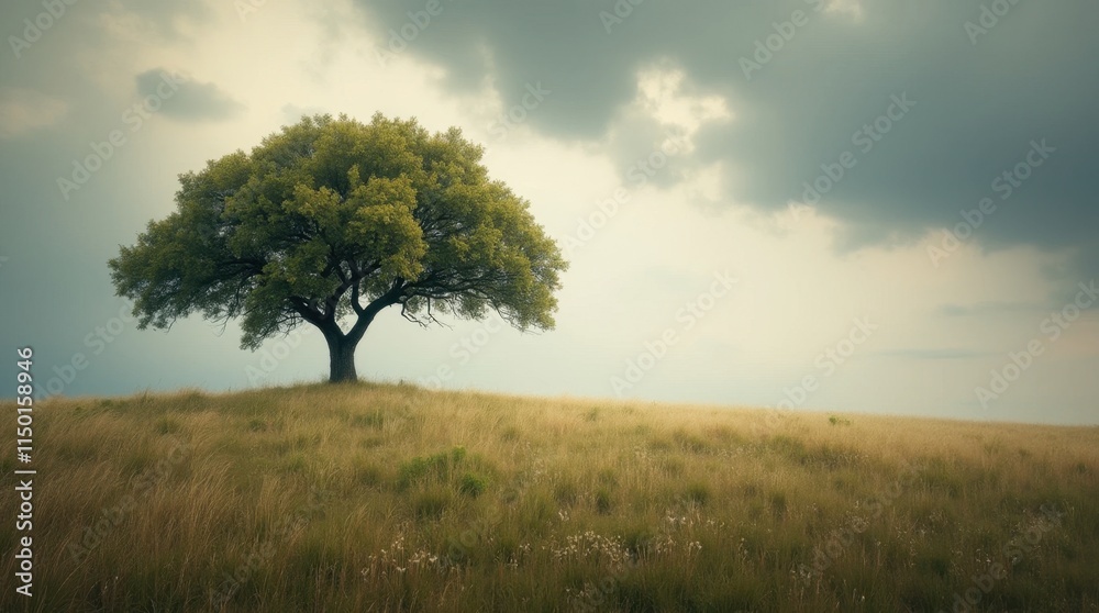 Lone Tree in a Wide-Open Grassland Under a Dramatic Sky Lone Tree in a Wide-Open Grassland Under a Dramatic Sky
