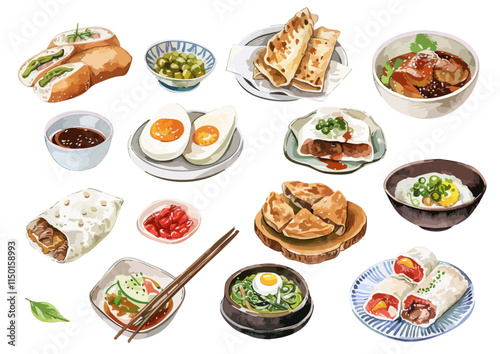 Asian Food Watercolor Illustration Collection. isolated white background