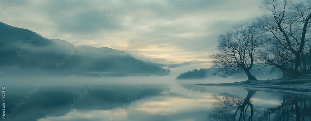 Misty Lakeside Landscape at Dusk with Silhouetted Trees and Moody Reflection Misty Lakeside Landscape at Dusk with Silhouetted Trees and Moody Reflection