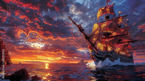 Dramatic sunset over ocean with majestic galleon sailing.