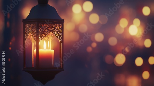 Arabic Lantern With Burning Candle And Bokeh Glowing At Evening, with copy space