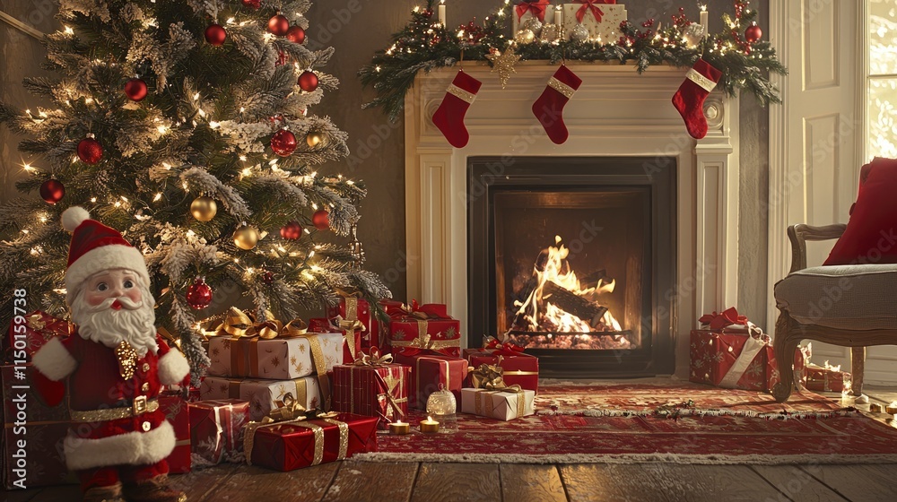 Cozy Christmas Scene with Santa Figurine, Decorated Tree, and Fireplace Cozy Christmas Scene with Santa Figurine, Decorated Tree, and Fireplace
