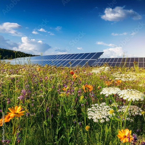 Generated image A field of wildflowers with solar panels in the background