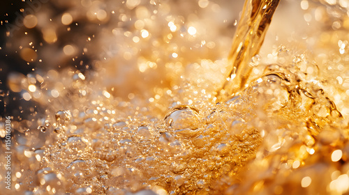 A close-up of frothy champagne being poured into a crystal glass with golden bubbles catching the light.