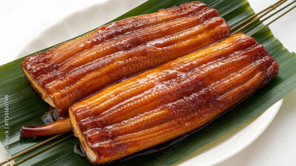 Japanese roast eel Unagi served on bamboo grass with traditional presentation in white background Japanese roast eel Unagi served on bamboo grass with traditional presentation in white background