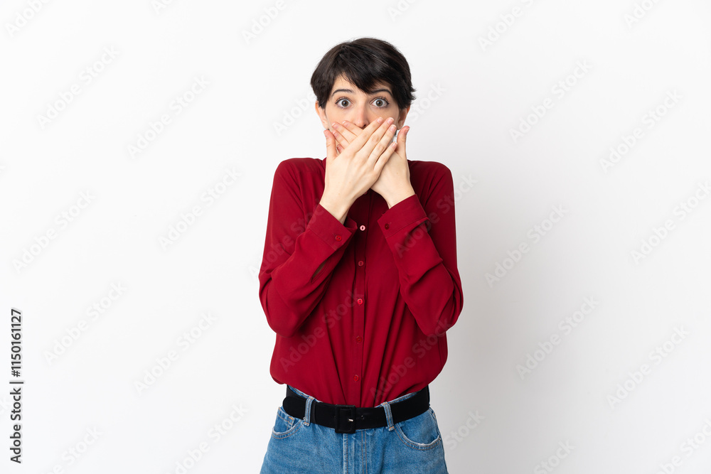 Woman with short hair isolated on white background covering mouth with hands Woman with short hair isolated on white background covering mouth with hands