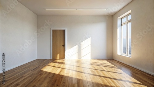 Sunlight streams into an empty room with hardwood floors and a single closed door