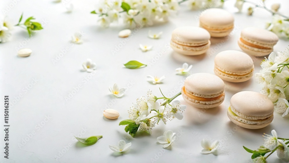 Delicate pastel macarons arranged with blossoming white flowers on a light surface Delicate pastel macarons arranged with blossoming white flowers on a light surface