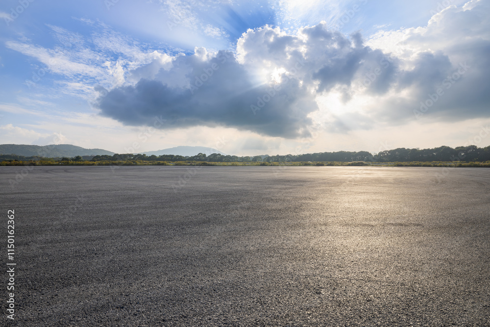 Asphalt road square and sky clouds nature background. Outdoor asphalt parking lot.