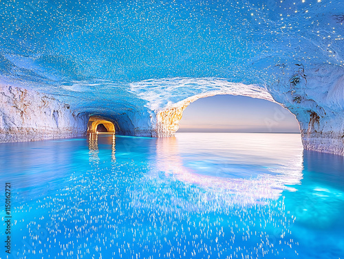 a stunning waitomo glowworm caves glowing underwater tunnel with a serene pool, illuminated by numerous small lights that create a mesmerizing starry sky effect. 