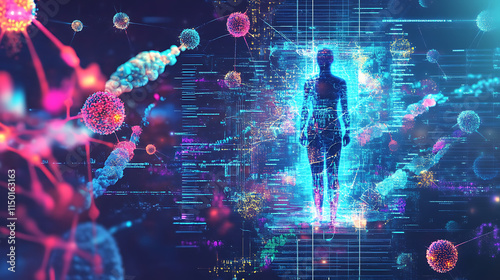 Human Microbiome: A digital rendering of the human form amidst a vibrant, interconnected network of microorganisms. Exploring the complex relationship between our bodies and the microbial world. photo