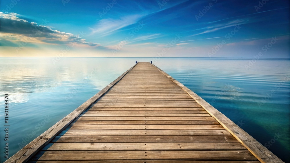 Fototapeta premium Serene Wooden Dock Extending into Calm Ocean Water Under a Peaceful Sky