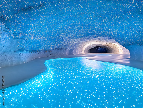 a stunning waitomo glowworm caves glowing underwater tunnel with a serene pool, illuminated by numerous small lights that create a mesmerizing starry sky effect.  photo