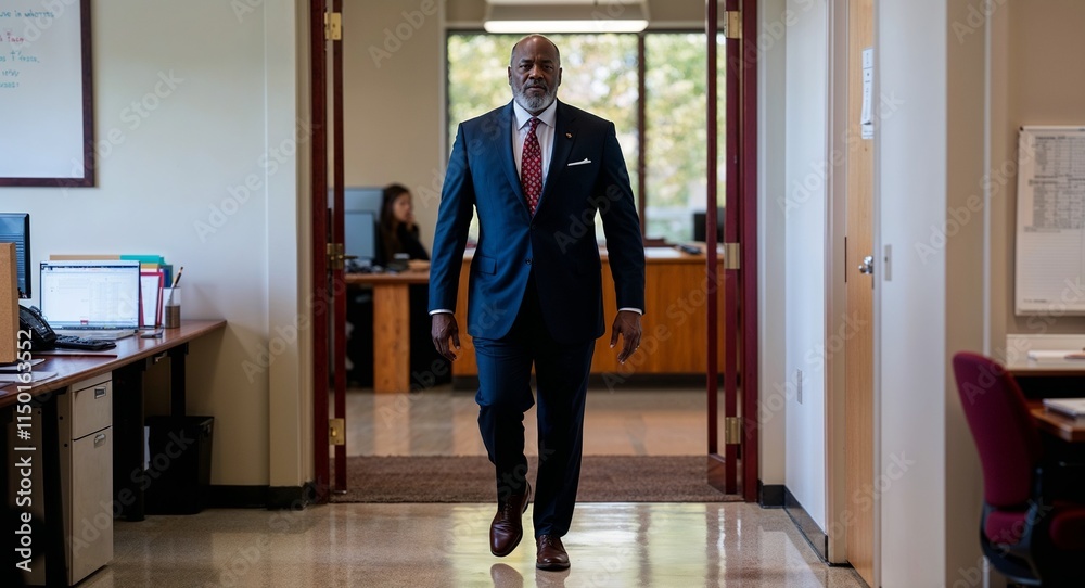 Fototapeta premium Black mature man walking to office in campus building wearing dark suit