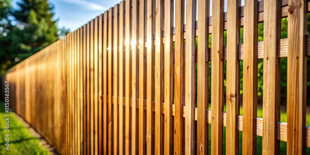Obraz premium Golden-hued wooden fence bathed in sunlight, offering privacy and a natural boundary for a tranquil outdoor space