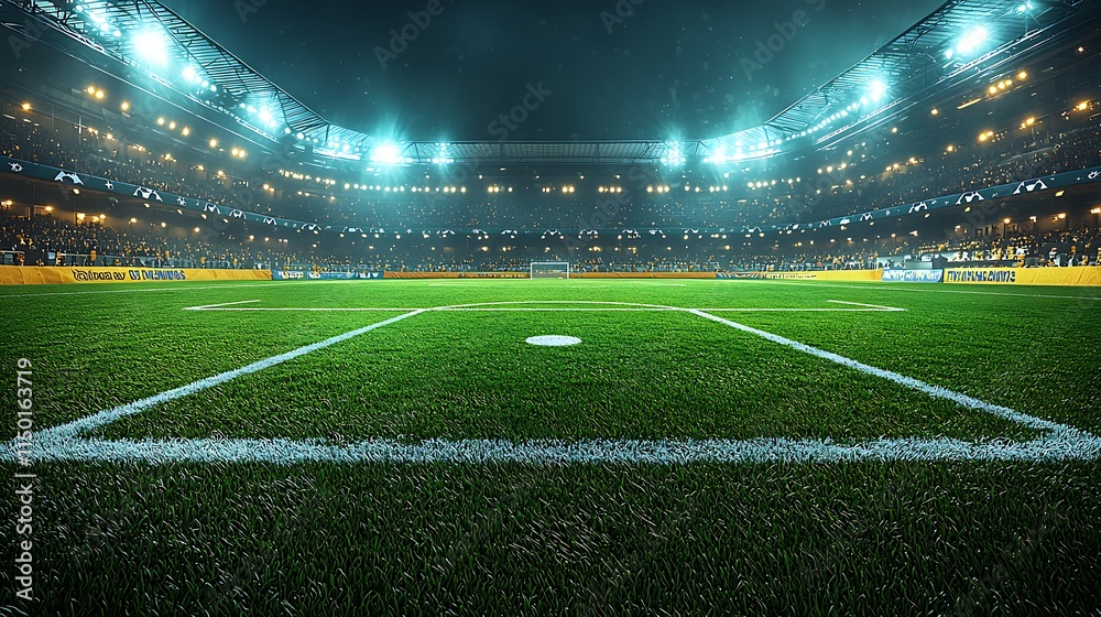 Fototapeta premium Night Stadium Soccer Field Green Grass Illuminated