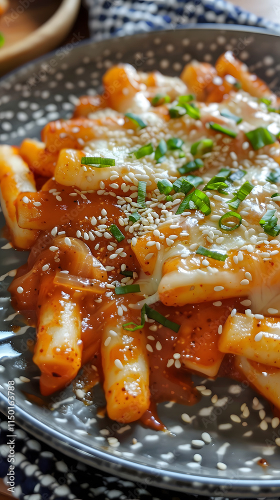 Spicy Tteokbokki with rice cakes and melted cheese in vibrant red sauce