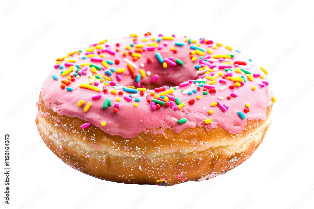 Pink Donut with Sprinkles on Black Background, Sweet Treat. Dessert Delight. Pink Donut with Sprinkles on Black Background, Sweet Treat. Dessert Delight.
